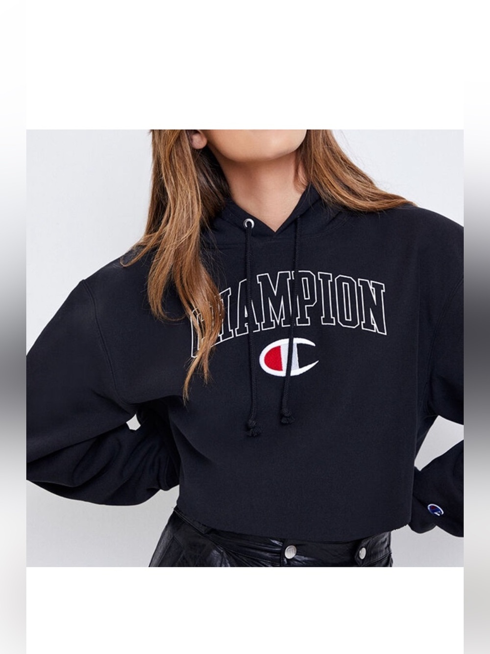 Champion | Black Cropped Logo Oversized Hoodie